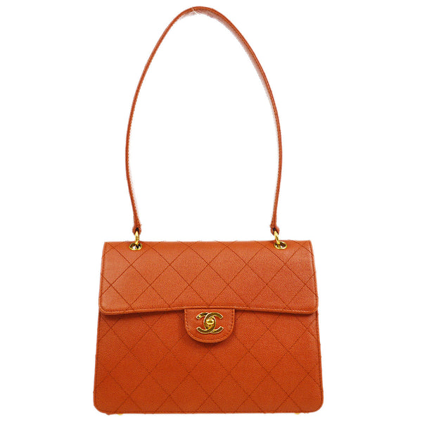CHANEL 1997-1999 Sellier Flap Shoulder Bag Medium Orange Caviar