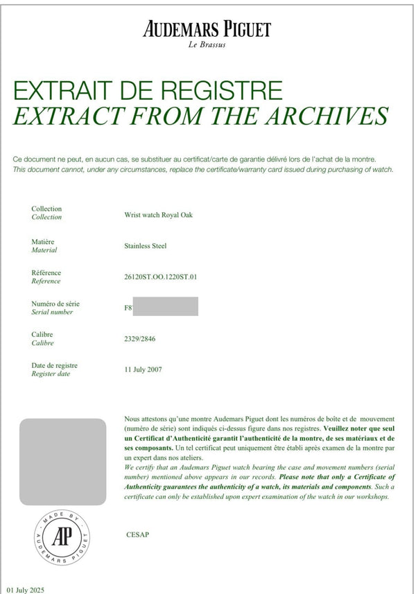 Audemars Piguet Royal Oak Dual Time 39 MM After Service 06-2025 Very Good Condition With Archive Papers