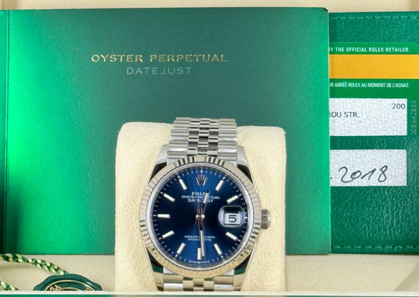 Datejust 36 Blue Stick Dial Jubilee 18K White Gold Bezel