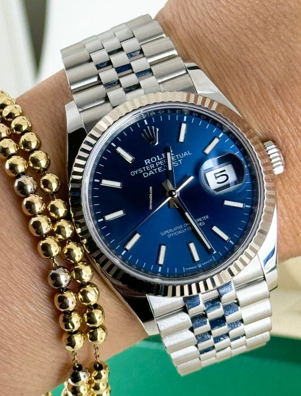 Datejust 36 Blue Stick Dial Jubilee 18K White Gold Bezel