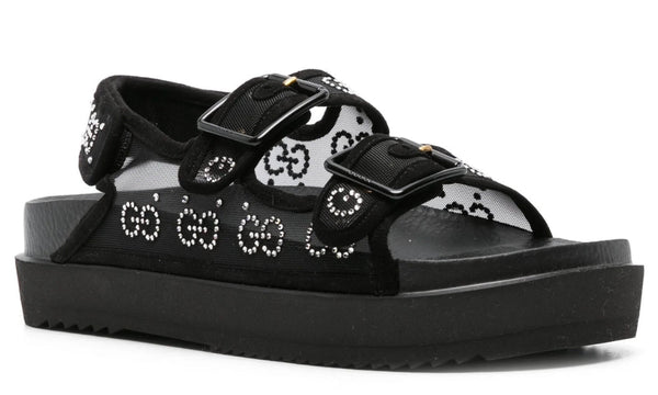 Gucci crystal-embellished monogram-pattern sandals "Black"