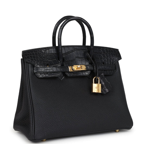Hermes Birkin 25 Black Matte Alligator and Togo Touch Gold Hardware