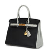 Pre-owned Hermes Special Order (HSS) Birkin 30 Black and Gris Perle Chevre Mysore Brushed Gold Hardware