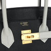 Pre-owned Hermes Special Order (HSS) Birkin 30 Black and Gris Perle Chevre Mysore Brushed Gold Hardware