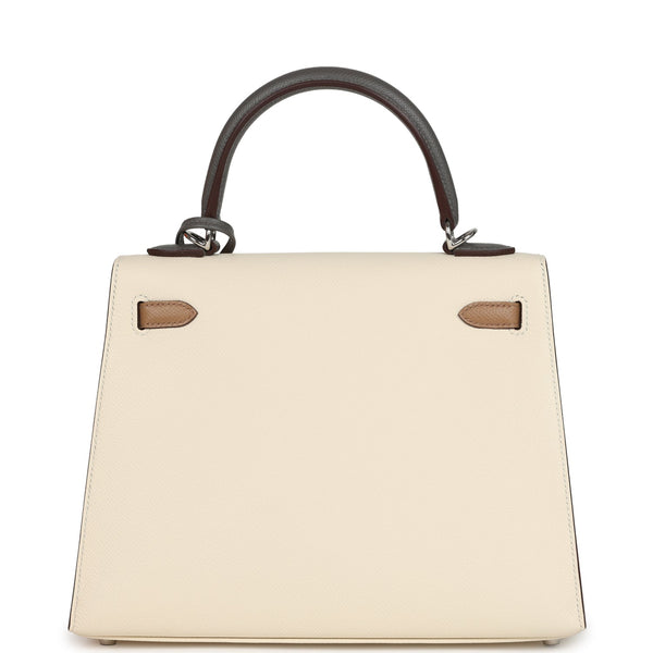 Hermes Kelly Sellier 25 Tri-Color Nata, Gris Meyer and Chai Epsom Palladium Hardware