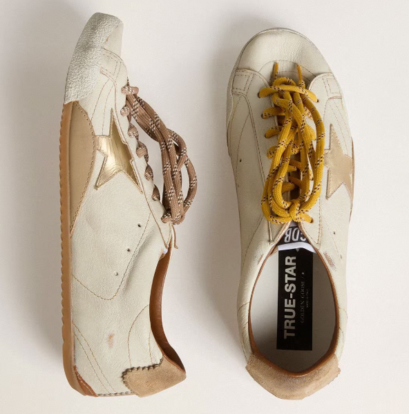 True-Star Women's white nappa leather shoe with gold star and beige suede heel tab