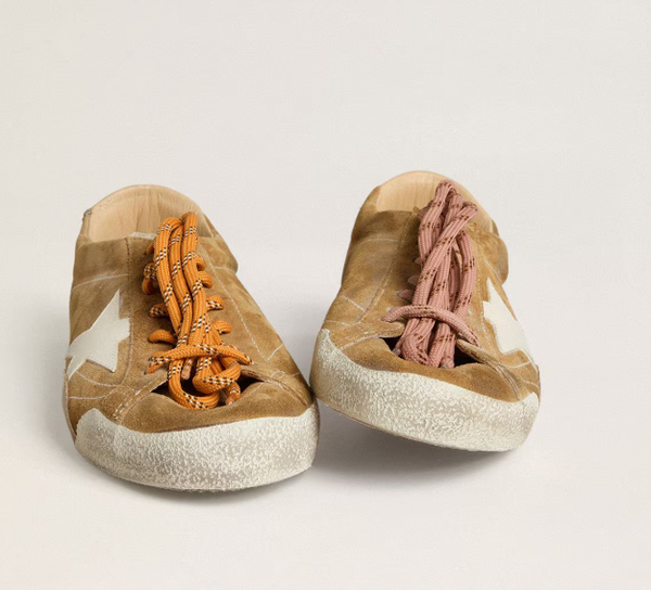 True-Star Women's tobacco suede sneaker with white star and platinum heel tab