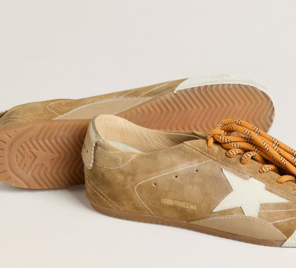 True-Star Women's tobacco suede sneaker with white star and platinum heel tab
