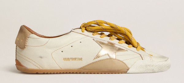 True-Star Women's white nappa leather shoe with gold star and beige suede heel tab