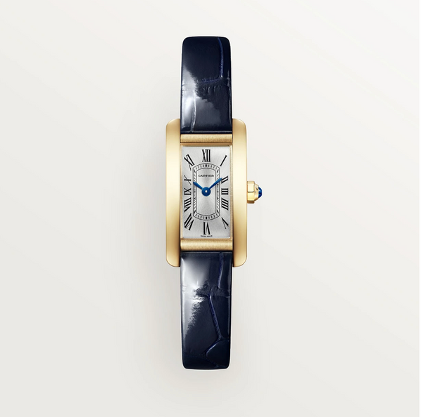 Cartier Tank Américaine Mini Watch – 750 Yellow Gold, Quartz, Marine Blue Alligator Strap, Silver Sunray Dial