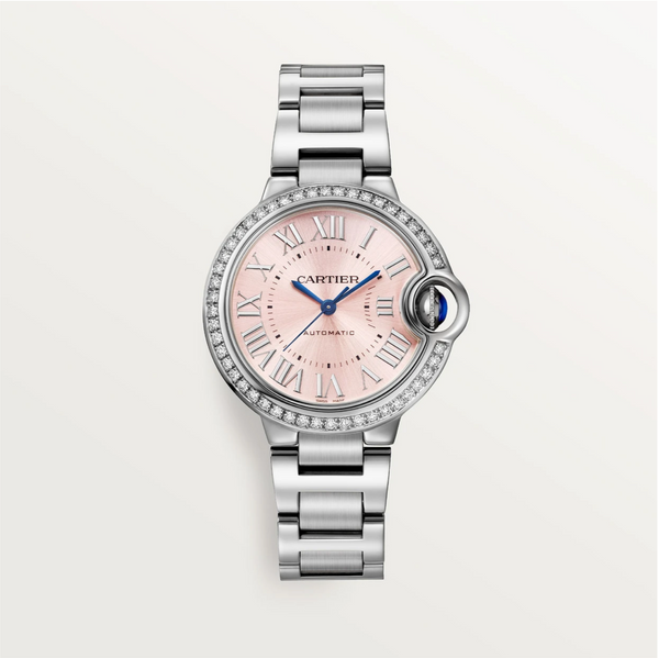 Ballon Bleu de Cartier 33mm Steel Pink Dial Diamond Bezel Automatic Watch