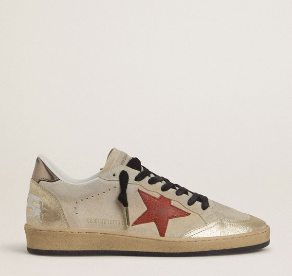 Ball Star in beige suede with red leather star and metallic bronze laminated leather heel tab
