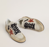 Ball Star in beige suede with red leather star and metallic bronze laminated leather heel tab