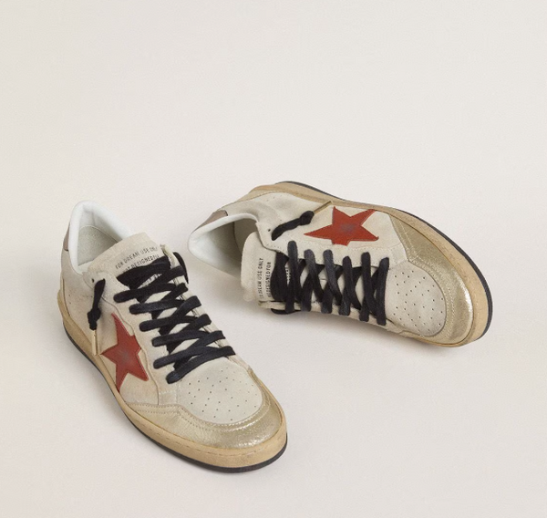 Ball Star in beige suede with red leather star and metallic bronze laminated leather heel tab