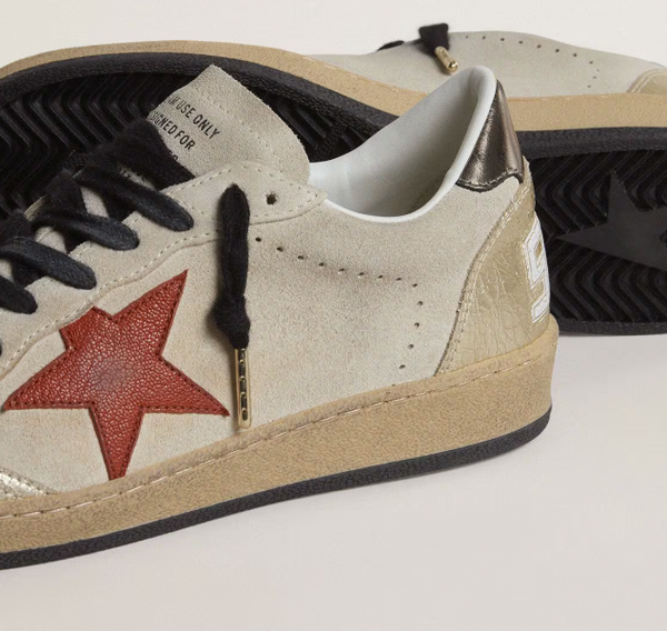 Ball Star in beige suede with red leather star and metallic bronze laminated leather heel tab