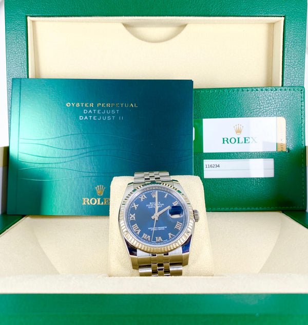 Rolex Datejust 36, Blue Dial, Roman Numerals, With box and papers