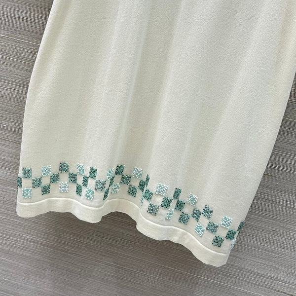 LV 25 Plaid Beading Embroidered Letters CasualT-Shirt White Beige Cotton