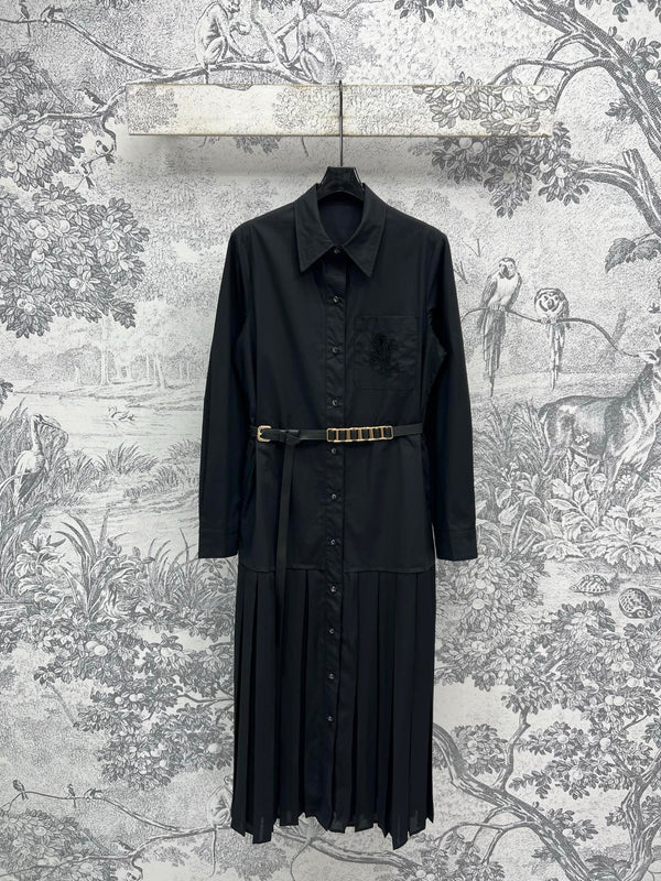 LV 25 Pleated Design Belt That Pinches Waist Dress Black White Cotton