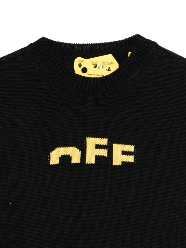 Maglione per bambino Off-White nero con logo ricamato e orlo a coste