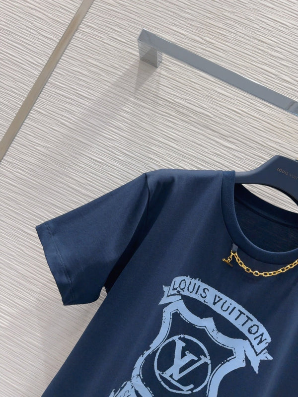 LV 25 Metal Zipper Decoration On The Left Shoulder DressBlue Cotton