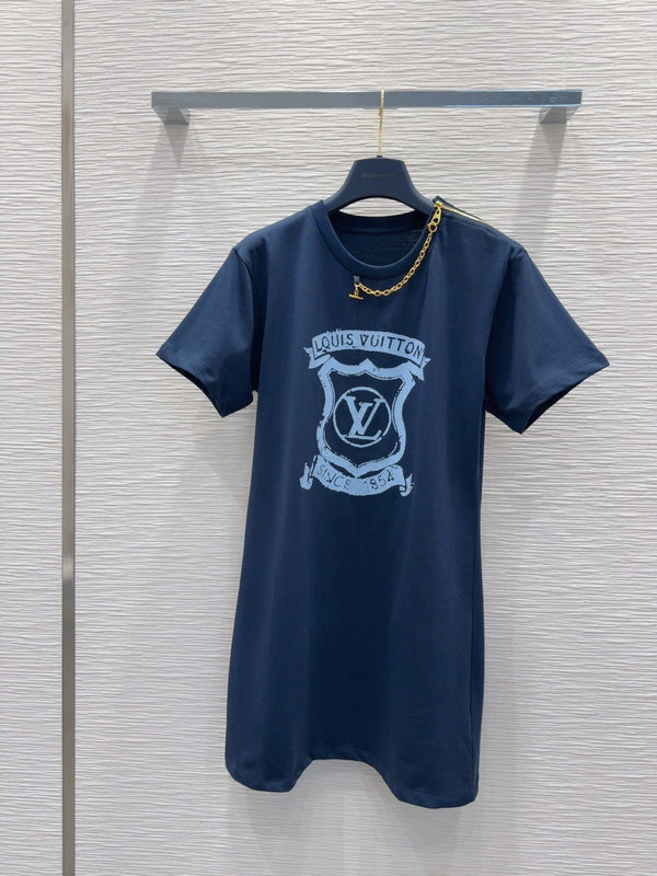 LV 25 Metal Zipper Decoration On The Left Shoulder DressBlue Cotton