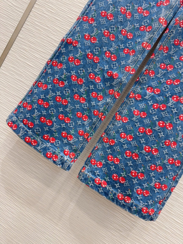 LV 25 Cherry Denim Pants Blue Cotton