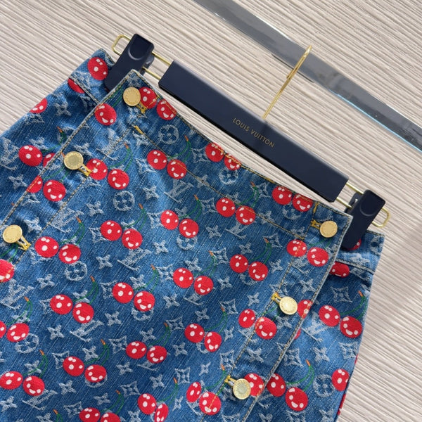 LV 25 Cherry Denim SkirtBlue Cotton