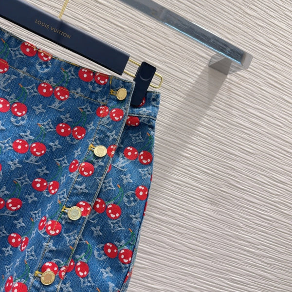 LV 25 Cherry Denim SkirtBlue Cotton