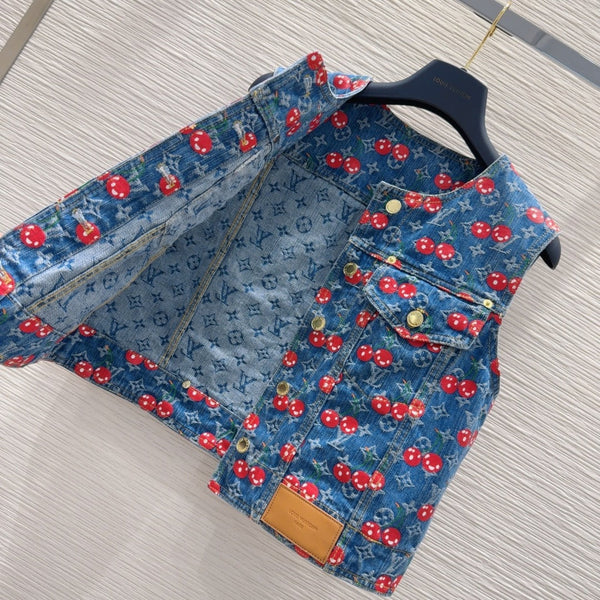 LV 25 Cherry Denim Vest Jacket Blue Cotton
