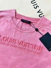 LV 25 Washed Powder Embroidery Round Neck T-shirt Pink Cotton
