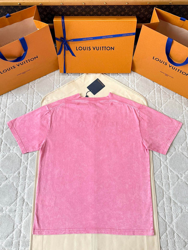 LV 25 Washed Powder Embroidery Round Neck T-shirt Pink Cotton