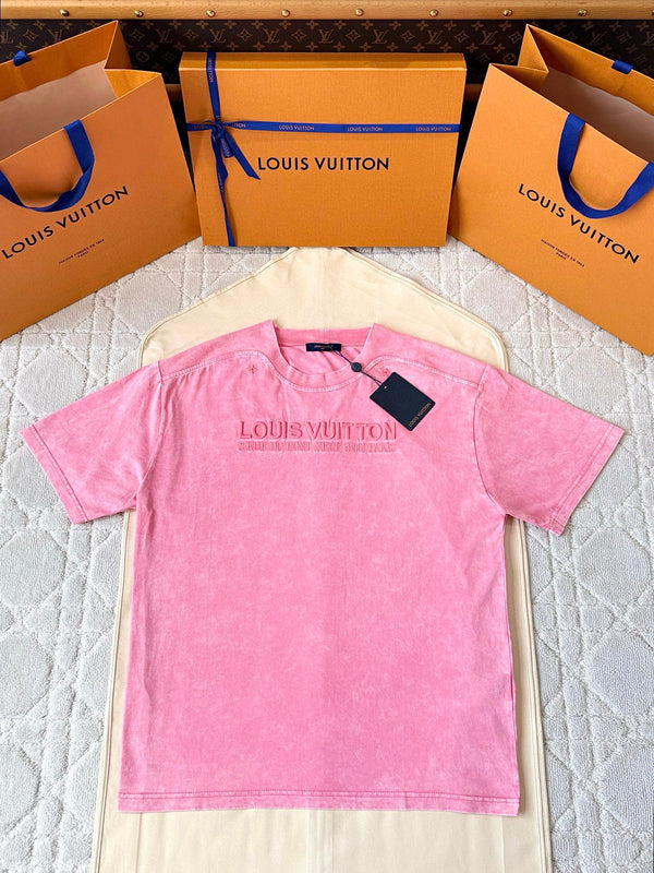 LV 25 Washed Powder Embroidery Round Neck T-shirt Pink Cotton