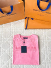 LV 25 Washed Powder Embroidery Round Neck T-shirt Pink Cotton