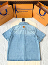 LV 25 Denim Pocket Embroidered Short Sleeve Shirt Blue Cotton