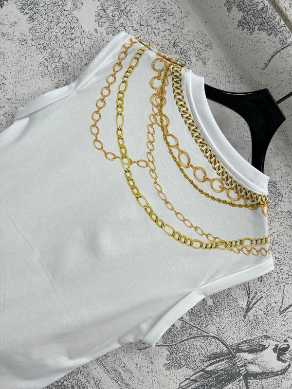 LV 25 Chain Round Neck Sleeveless T-shirt White Cotton