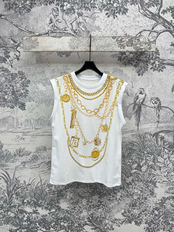 LV 25 Chain Round Neck Sleeveless T-shirt White Cotton