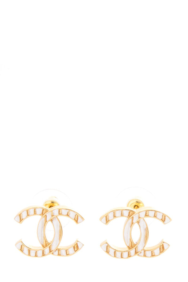 Chanel 2023 White & Gold Interlocking CC Stripe Stud Earrings