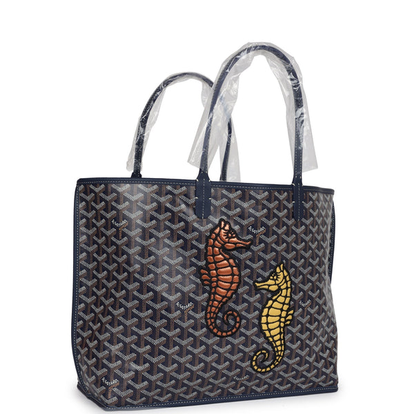 Goyard Goyardine Navy Blue Anjou PM Embroidered Seahorse Bag Palladium Hardware