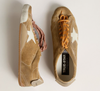 True-Star Women's tobacco suede sneaker with white star and platinum heel tab