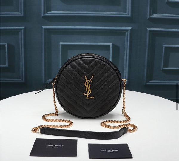 YSL ROUND VINYLE CAMERA BAG IN BLACK LEATHER