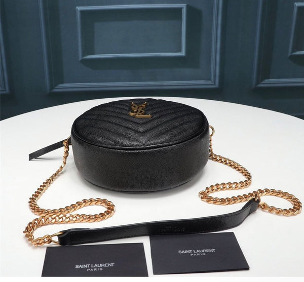 YSL ROUND VINYLE CAMERA BAG IN BLACK LEATHER