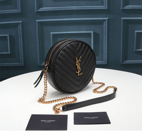 YSL ROUND VINYLE CAMERA BAG IN BLACK LEATHER