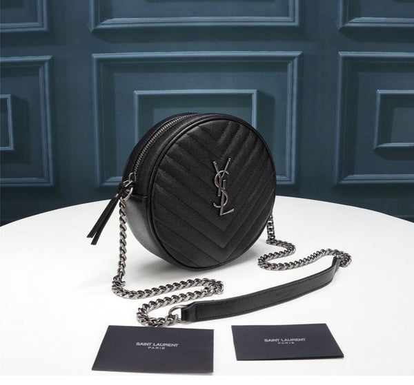 YSL ROUND VINYLE CAMERA BAG IN BLACK LEATHER