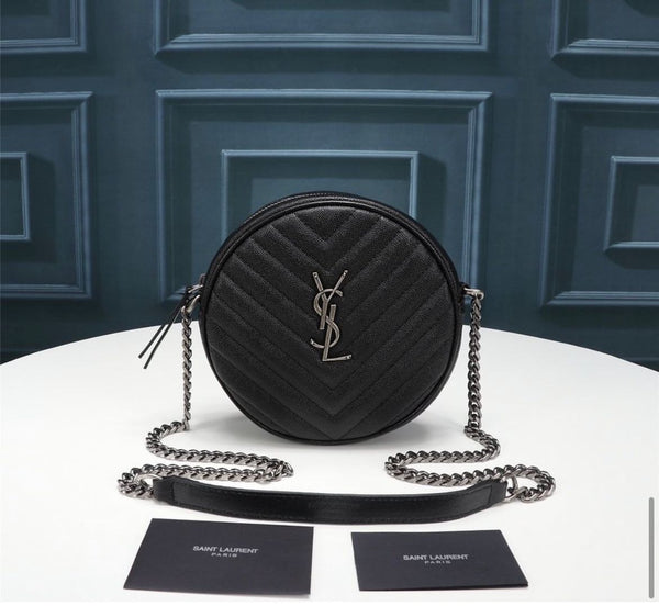 YSL ROUND VINYLE CAMERA BAG IN BLACK LEATHER