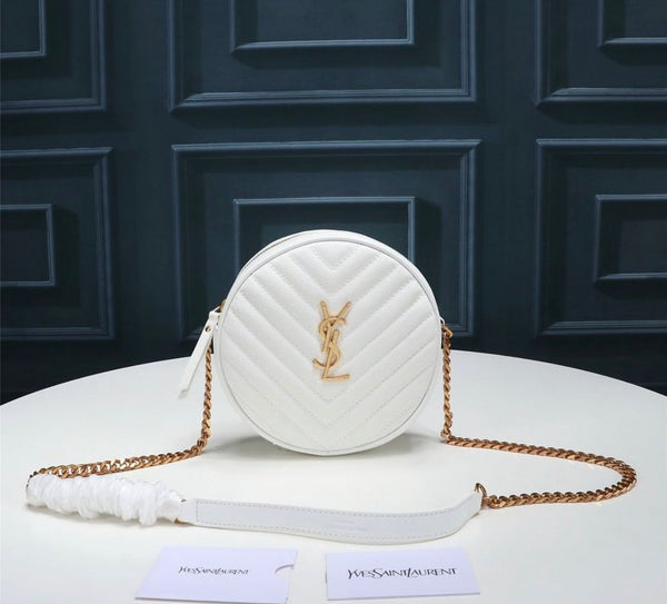 YSL ROUND VINYLE CAMERA BAG IN WHITE LEATHER