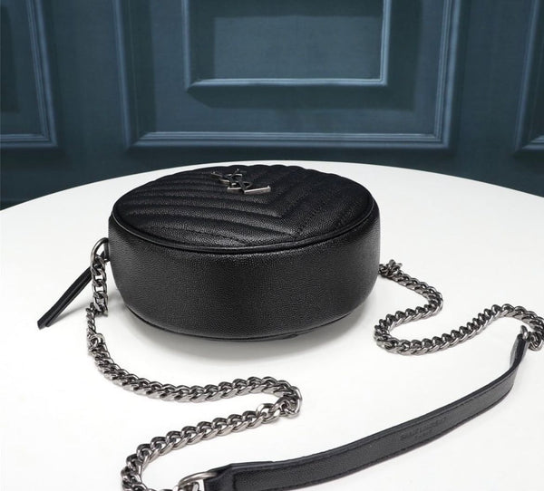 YSL ROUND VINYLE CAMERA BAG IN BLACK LEATHER