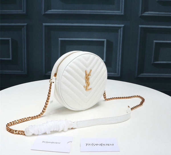 YSL ROUND VINYLE CAMERA BAG IN WHITE LEATHER