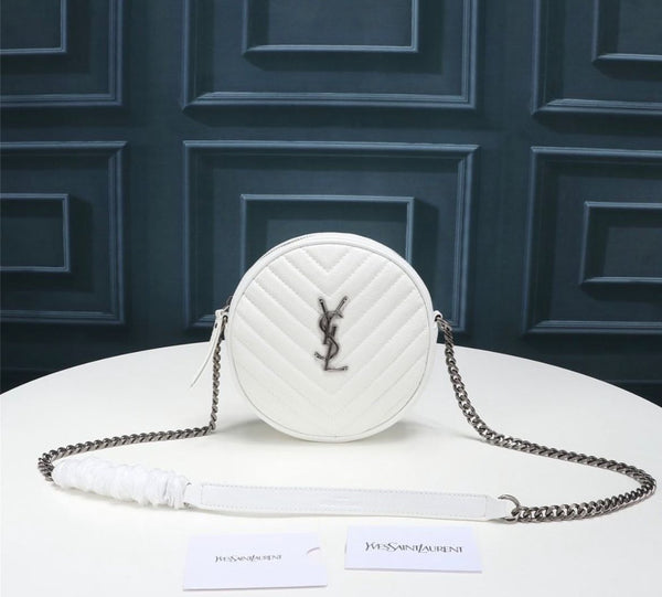 YSL ROUND VINYLE CAMERA BAG IN WHITE LEATHER