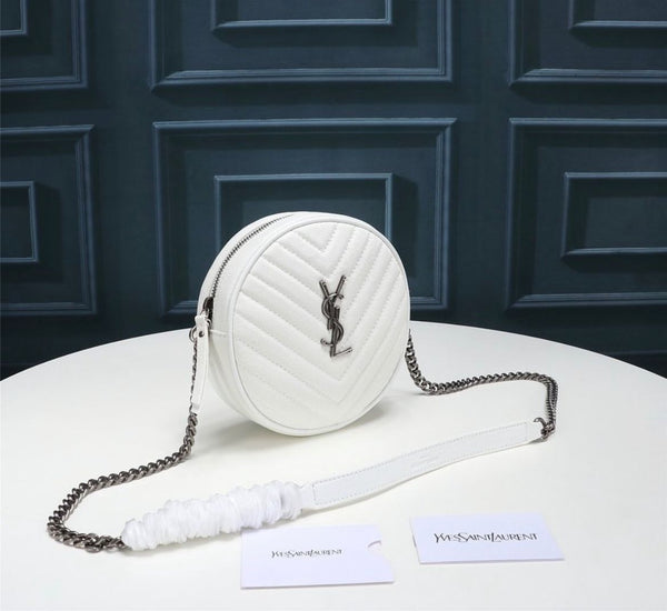 YSL ROUND VINYLE CAMERA BAG IN WHITE LEATHER