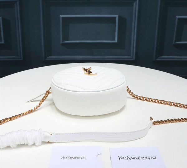 YSL ROUND VINYLE CAMERA BAG IN WHITE LEATHER